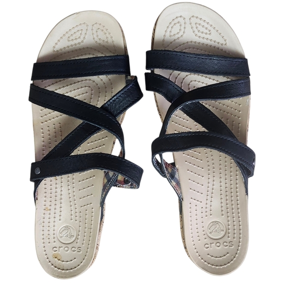 Crocs Black and Tan A-leigh Leather Wedge Sandals. Sz. 9 - Picture 2 of 8